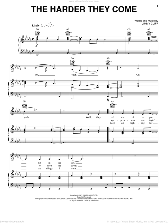 The Harder They Come sheet music for voice, piano or guitar by Jimmy Cliff, intermediate skill level
