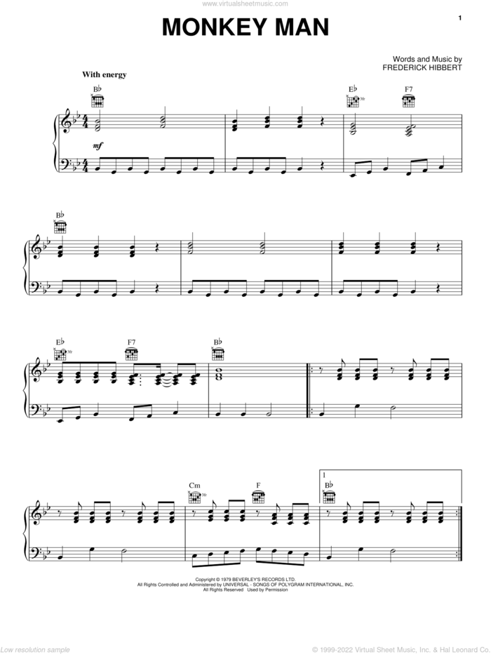 Monkey Man sheet music for voice, piano or guitar by Toots and The Maytals and Frederick 'Toots' Hibbert, intermediate skill level