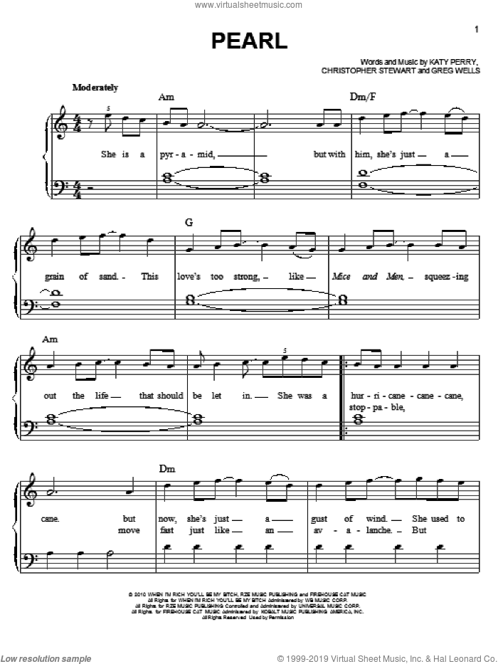 Pearl sheet music for piano solo by Katy Perry, easy skill level