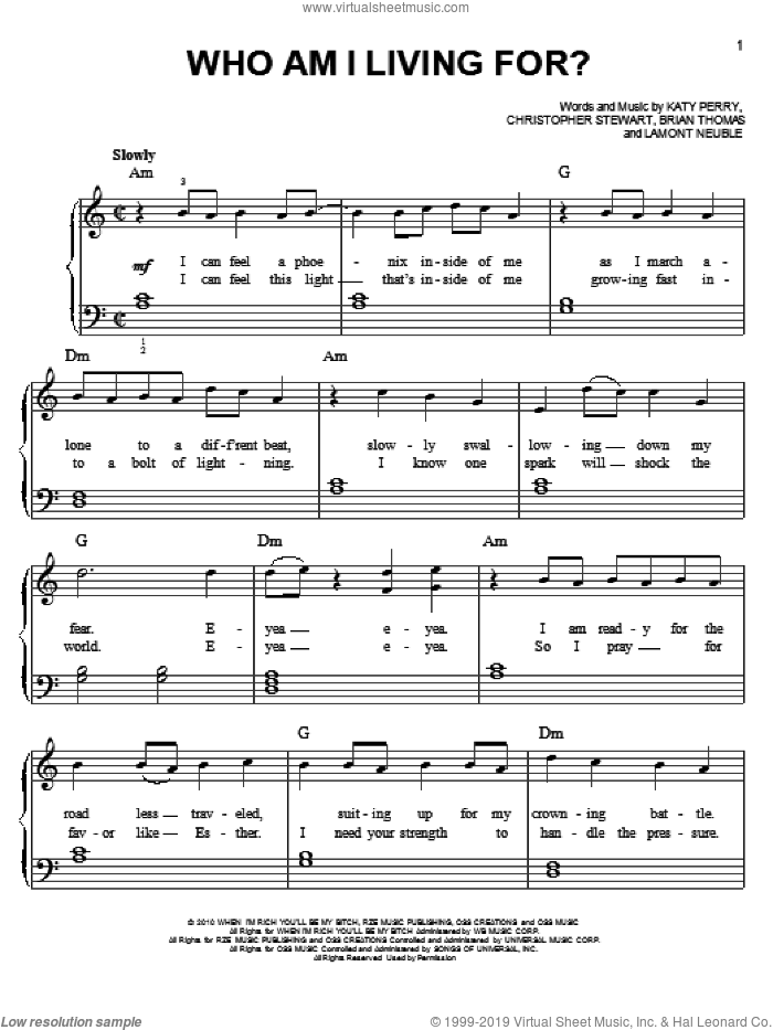 Who Am I Living For? sheet music for piano solo by Katy Perry, Brian Thomas, Christopher Stewart and Lamont Neuble, easy skill level
