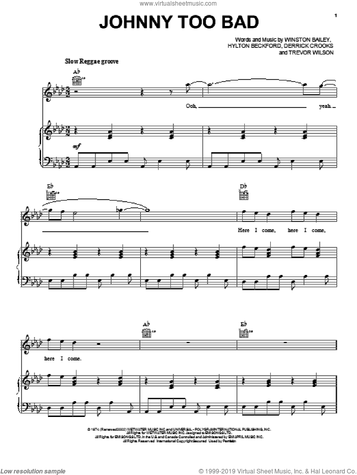 Johnny Too Bad sheet music for voice, piano or guitar by The Slickers, Derrick Crooks, Hylton Beckford, Trevor Wilson and Winston Bailey, intermediate skill level