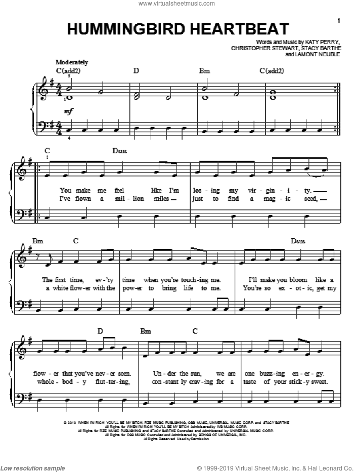 Hummingbird Heartbeat sheet music for piano solo by Katy Perry, Christopher Stewart, Lamont Neuble and Stacy Barthe, easy skill level