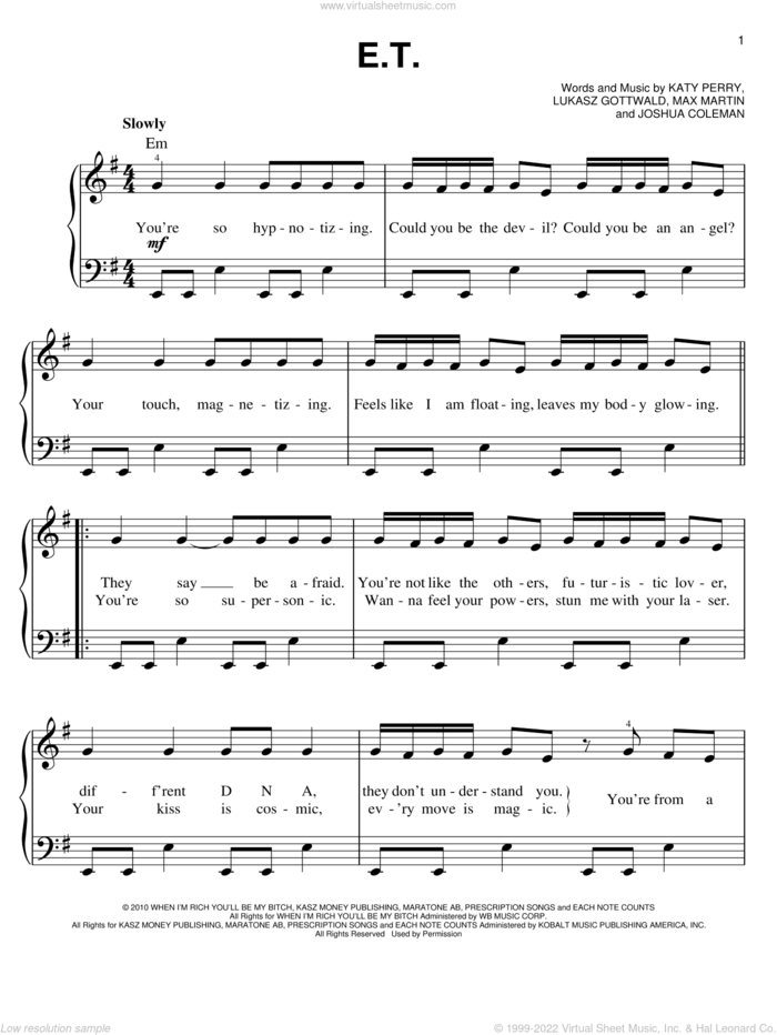 E.T. sheet music for piano solo by Katy Perry, Joshua Coleman, Kanye West, Lukasz Gottwald and Max Martin, easy skill level