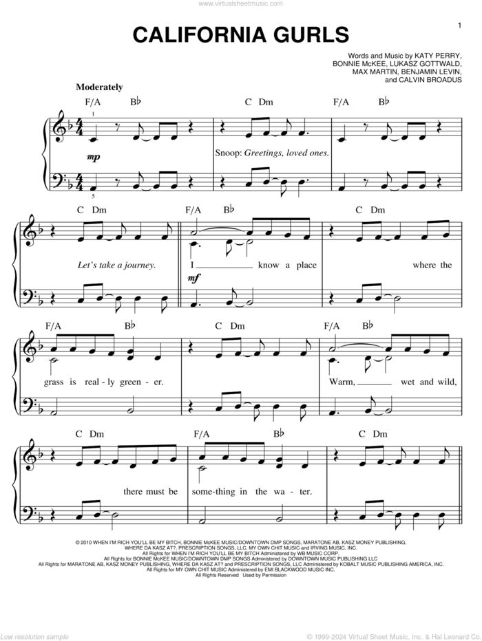 California Gurls sheet music for piano solo by Katy Perry, Calvin Broadus and Snoop Dogg, easy skill level