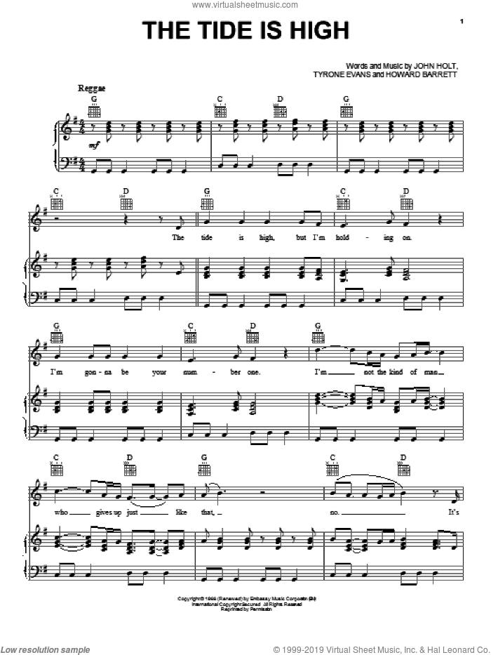 The Tide Is High sheet music for voice, piano or guitar by Blondie and Atomic Kitten, intermediate skill level