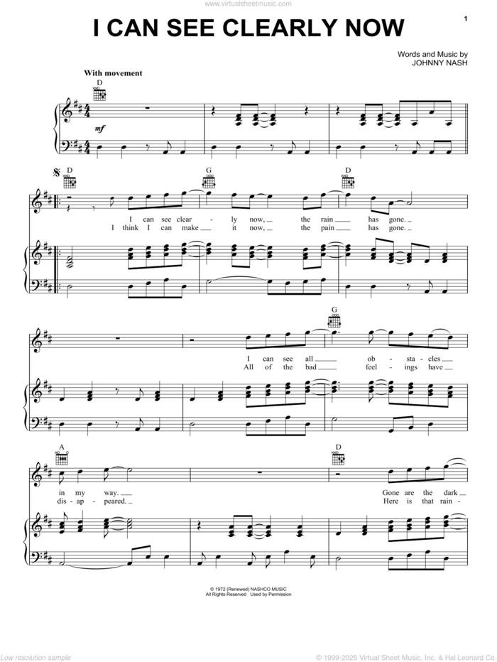 I Can See Clearly Now sheet music for voice, piano or guitar by Jimmy Cliff and Johnny Nash, intermediate skill level