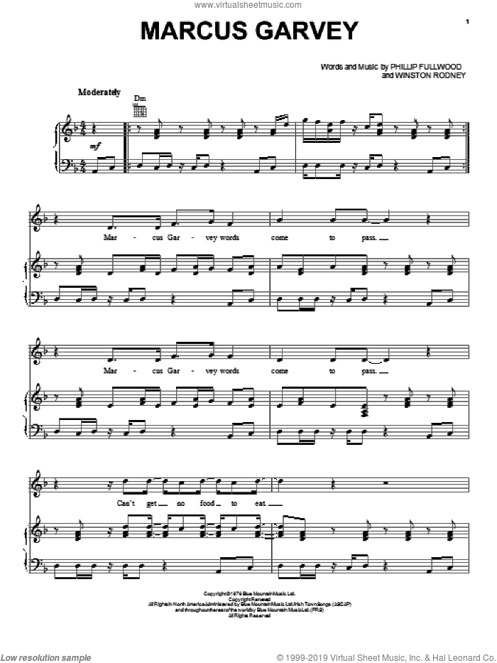 Marcus Garvey sheet music for voice, piano or guitar by Winston Rodney and Phillip Fullwood, intermediate skill level