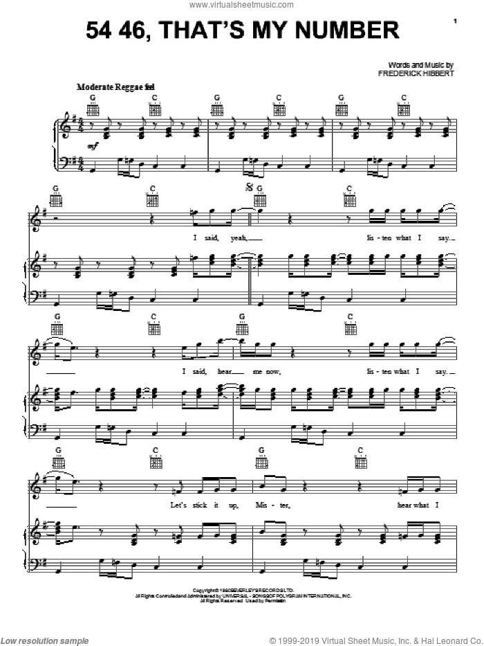 5446, That's My Number sheet music for voice, piano or guitar by Sublime and Frederick Hibbert, intermediate skill level