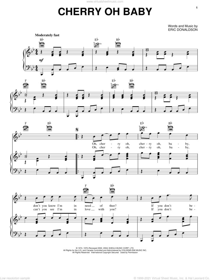 Cherry Oh Baby sheet music for voice, piano or guitar by The Rolling Stones and Eric Donaldson, intermediate skill level