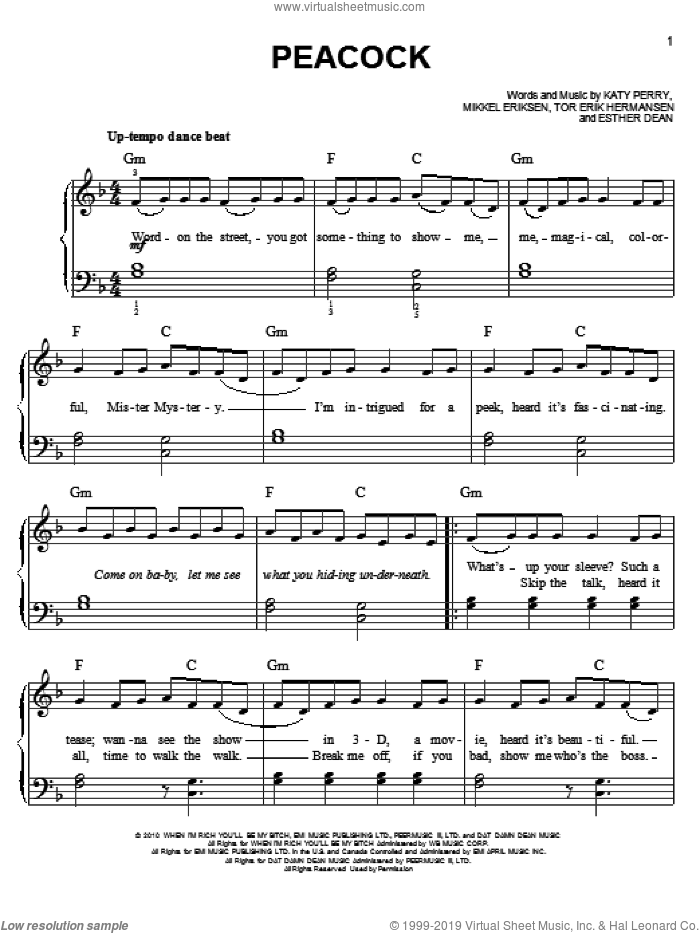 Peacock sheet music for piano solo by Katy Perry, easy skill level