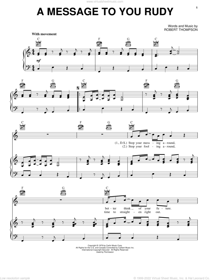 A Message To You Rudy sheet music for voice, piano or guitar by The Specials and Robert Thompson, intermediate skill level