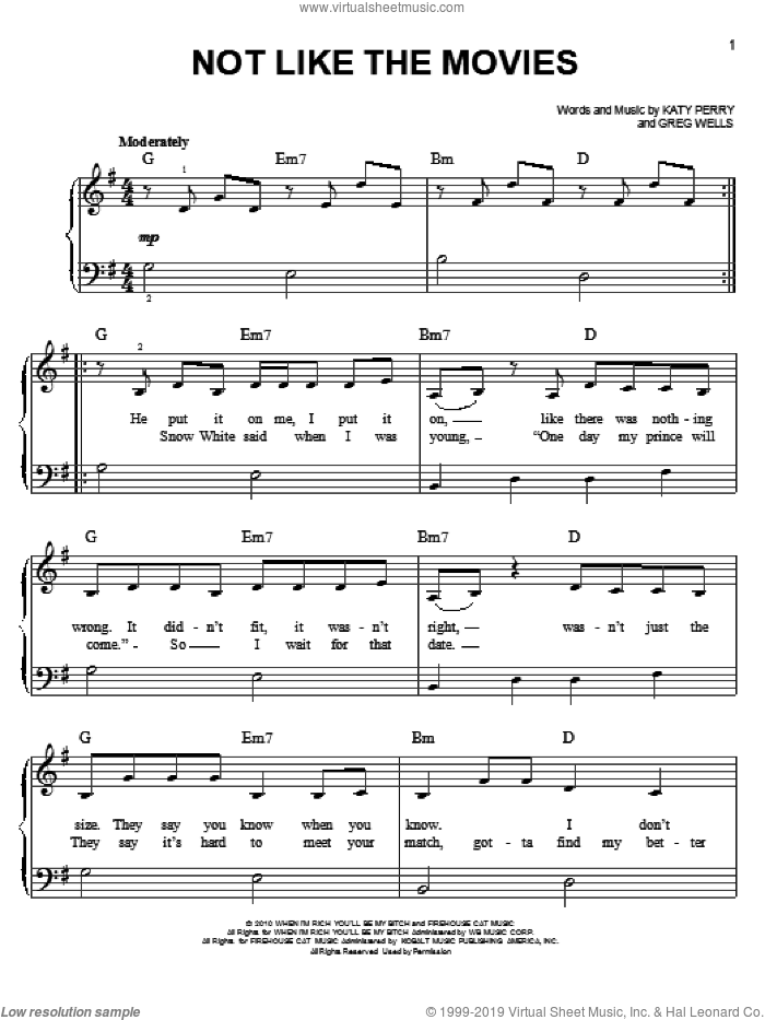 Not Like The Movies sheet music for piano solo by Katy Perry, easy skill level