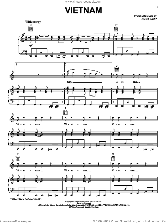 Vietnam sheet music for voice, piano or guitar by Jimmy Cliff, intermediate skill level