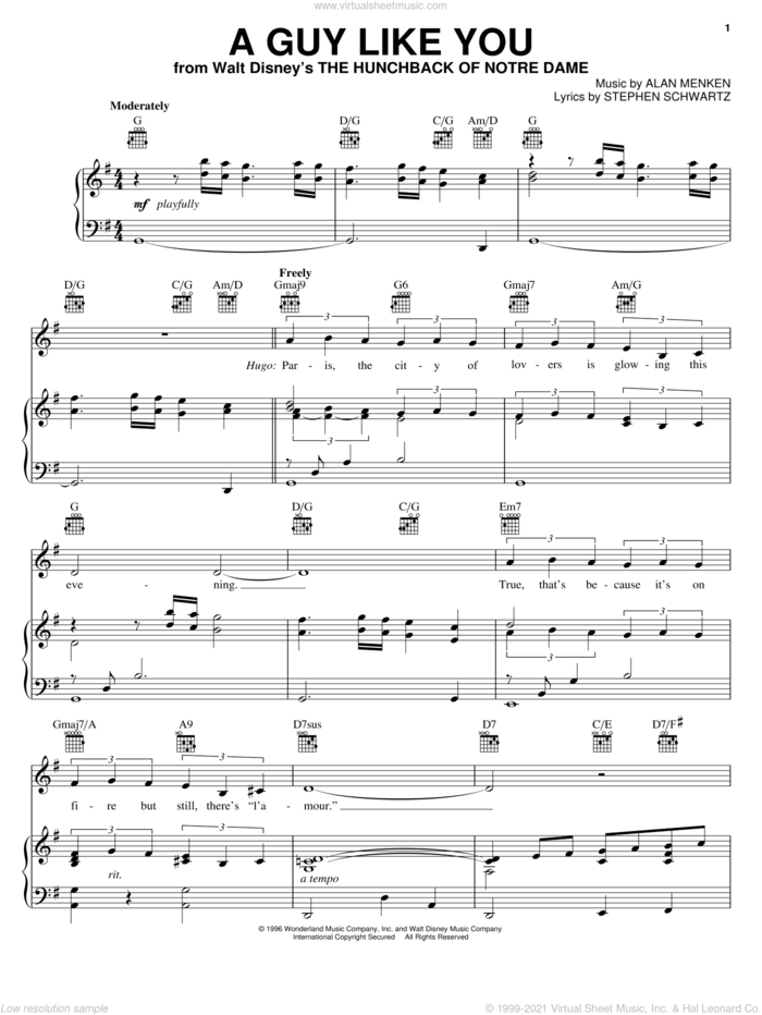 A Guy Like You sheet music for voice, piano or guitar by Alan Menken and Stephen Schwartz, intermediate skill level