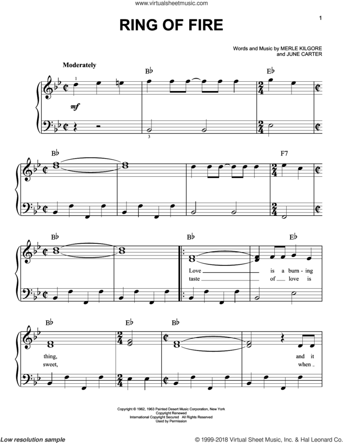 Ring Of Fire sheet music for piano solo by Johnny Cash, June Carter and Merle Kilgore, beginner skill level