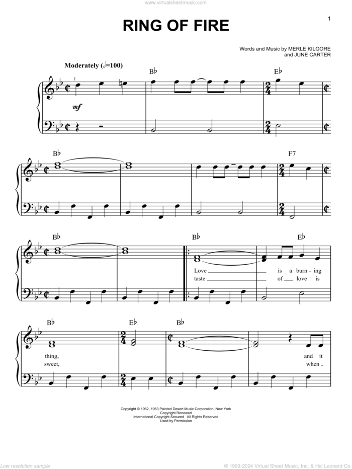 Ring Of Fire sheet music for piano solo by Johnny Cash, June Carter and Merle Kilgore, beginner skill level