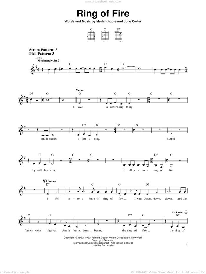 Ring Of Fire sheet music for guitar solo (chords) by Johnny Cash, June Carter and Merle Kilgore, easy guitar (chords)