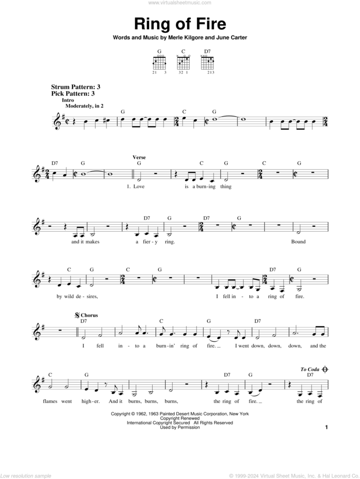 Ring Of Fire sheet music for guitar solo (chords) by Johnny Cash, June Carter and Merle Kilgore, easy guitar (chords)