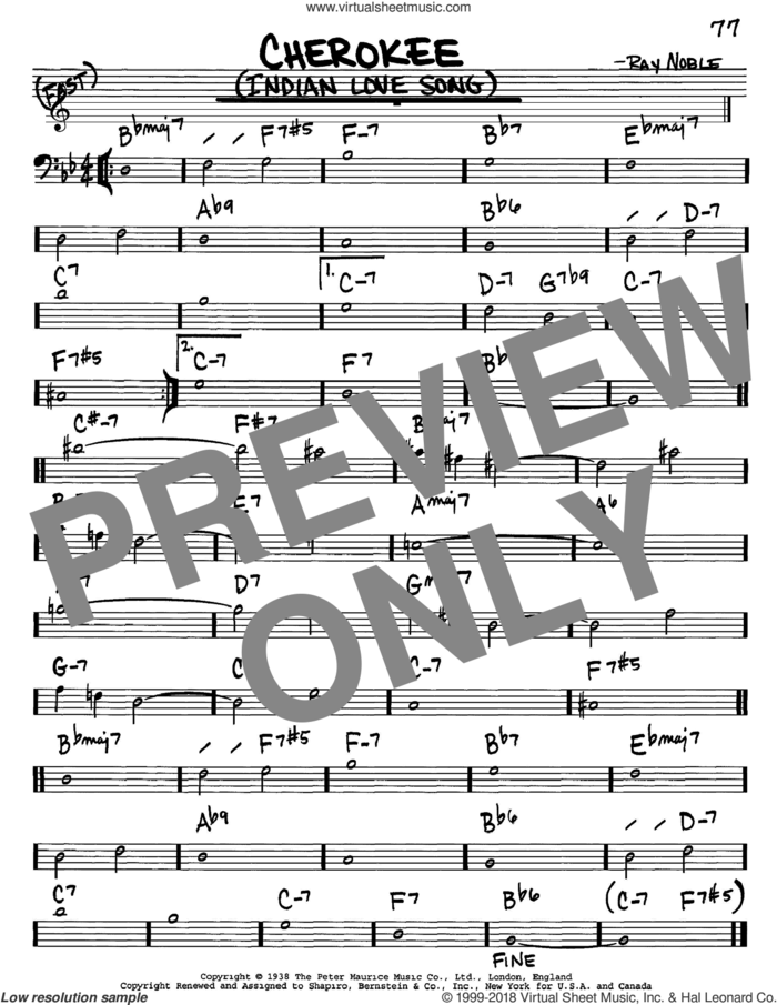 Cherokee (Indian Love Song) sheet music for voice and other instruments (bass clef) by Ray Noble And His Orchestra, Benny Goodman Sextet, Charlie Barnet & his Orchestra and Ray Noble, intermediate skill level