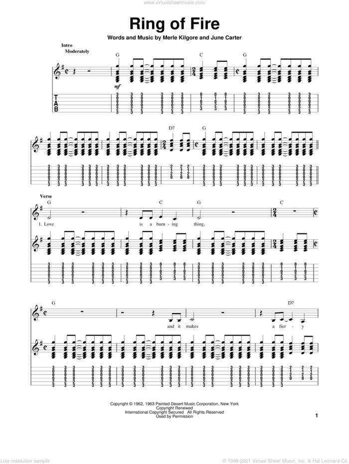 Ring Of Fire sheet music for guitar (tablature, play-along) by Johnny Cash, June Carter and Merle Kilgore, intermediate skill level