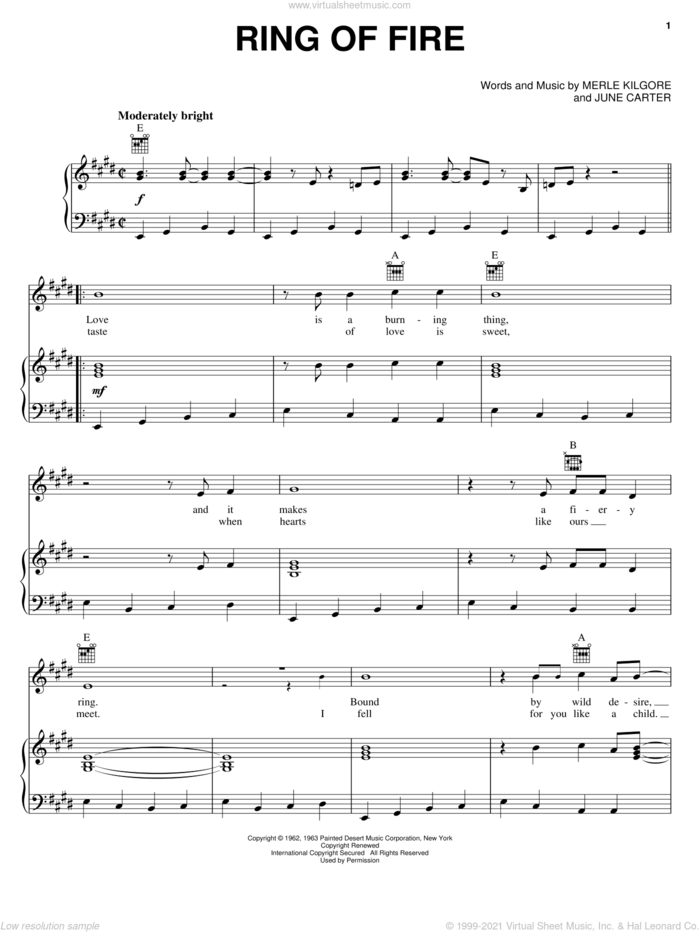 Ring Of Fire sheet music for voice, piano or guitar by Dwight Yoakam, Johnny Cash, June Carter and Merle Kilgore, intermediate skill level