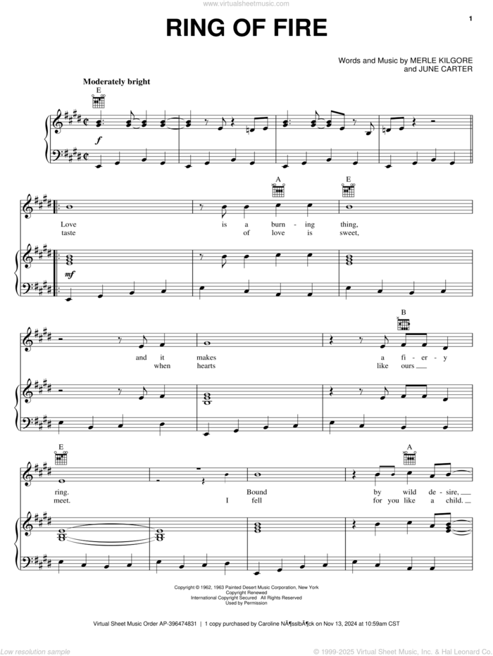 Ring Of Fire sheet music for voice, piano or guitar by Dwight Yoakam, Johnny Cash, June Carter and Merle Kilgore, intermediate skill level