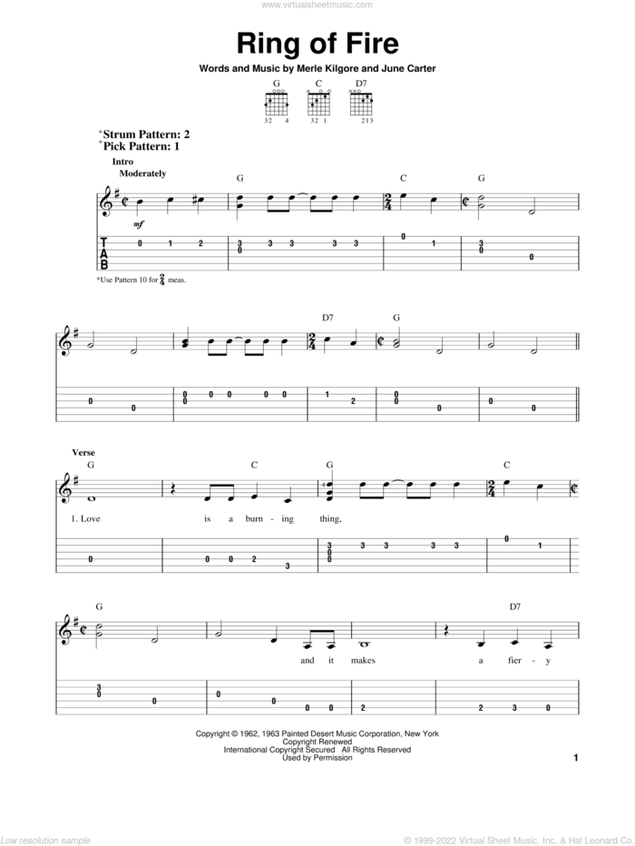 Ring Of Fire sheet music for guitar solo (easy tablature) by Johnny Cash, June Carter and Merle Kilgore, easy guitar (easy tablature)