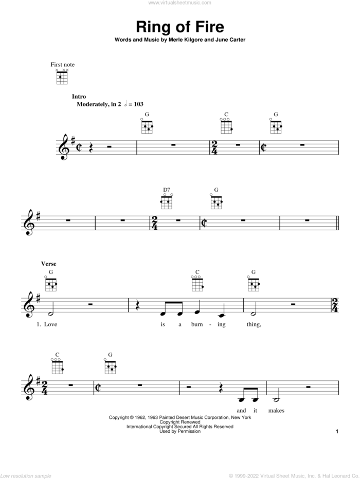 Ring Of Fire sheet music for ukulele by Johnny Cash, June Carter and Merle Kilgore, intermediate skill level