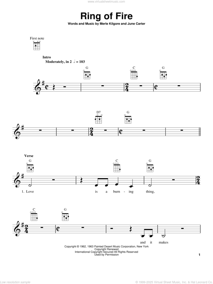 Ring Of Fire sheet music for ukulele by Johnny Cash, June Carter and Merle Kilgore, intermediate skill level