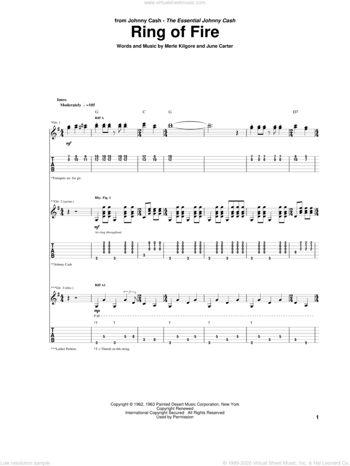Ring Of Fire sheet music for guitar (tablature) by Johnny Cash, June Carter and Merle Kilgore, intermediate skill level