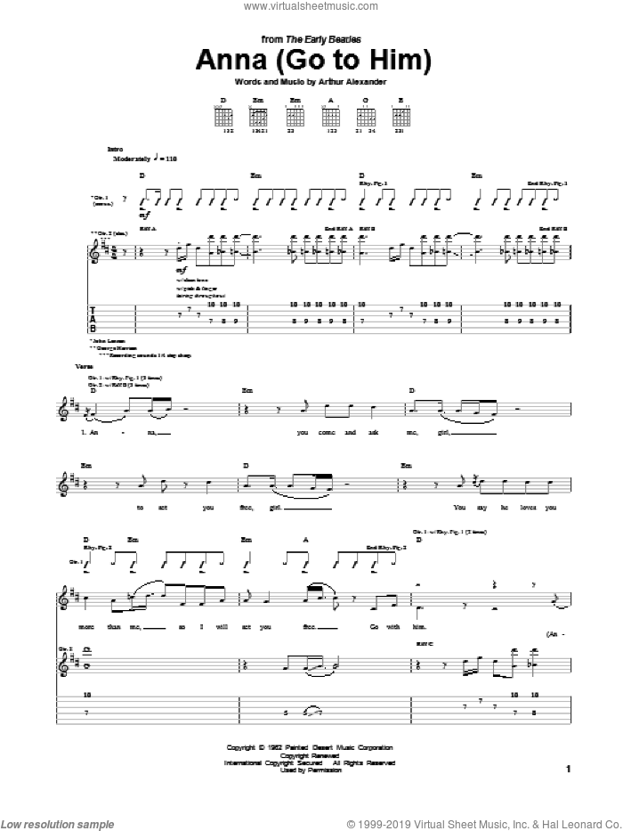 Anna (Go To Him) sheet music for guitar (tablature) by The Beatles and Arthur Alexander, intermediate skill level