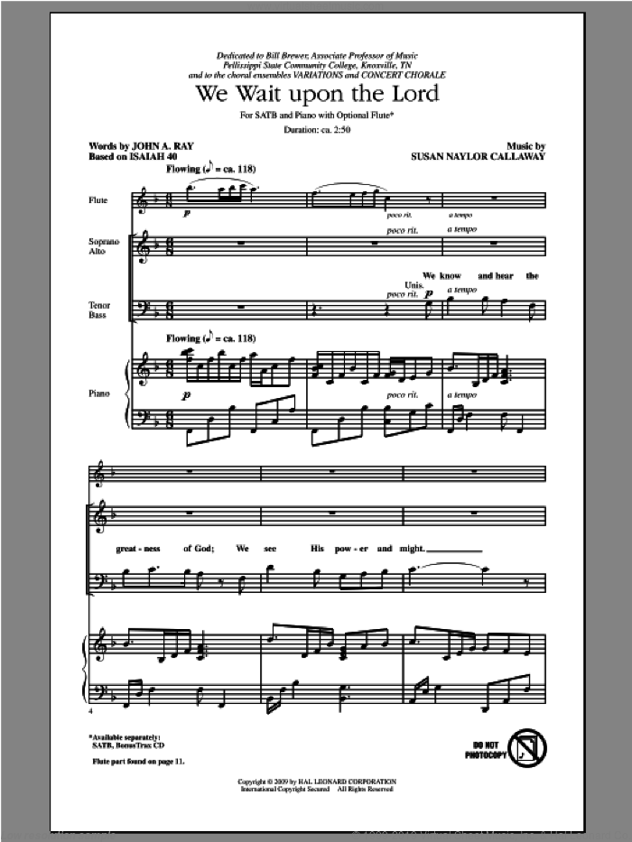 We Wait Upon The Lord sheet music for choir (SATB: soprano, alto, tenor, bass) by Susan Naylor Callaway and John Ray, intermediate skill level