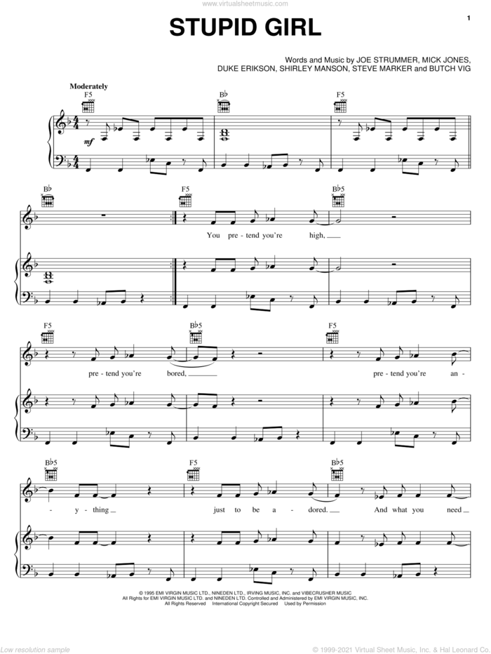 Stupid Girl sheet music for voice, piano or guitar by Garbage, Butch Vig, Duke Erikson, Joe Strummer and Mick Jones, intermediate skill level
