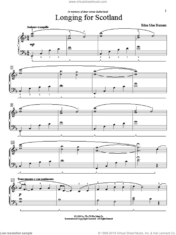 Longing For Scotland sheet music for piano solo (elementary) by Edna Mae Burnam, beginner piano (elementary)