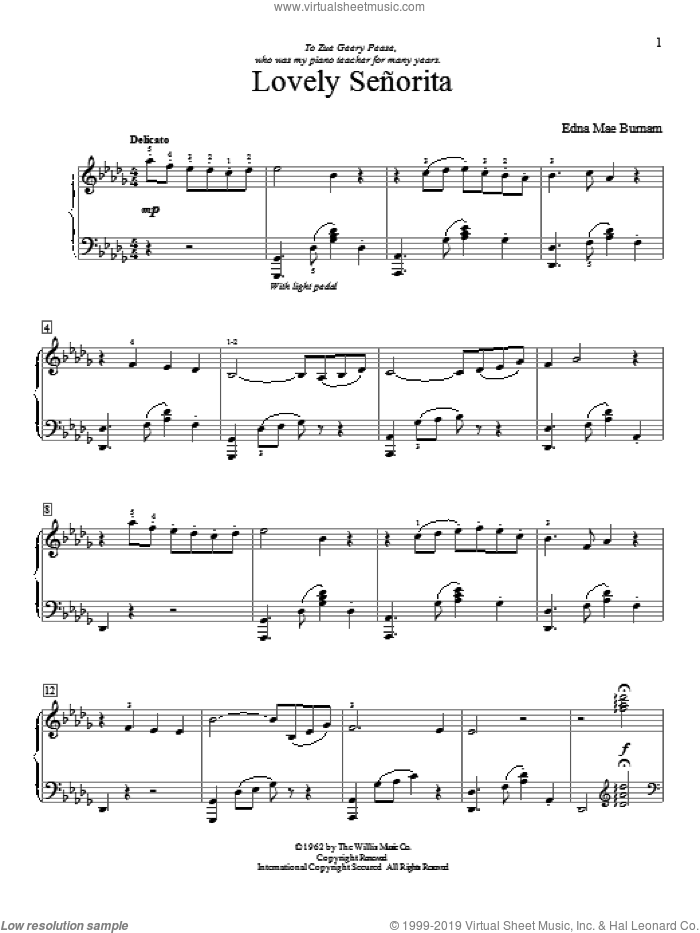 Lovely Senorita sheet music for piano solo (elementary) by Edna Mae Burnam, beginner piano (elementary)