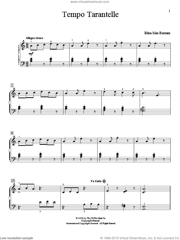 Tempo Tarantelle sheet music for piano solo (elementary) by Edna Mae Burnam, beginner piano (elementary)