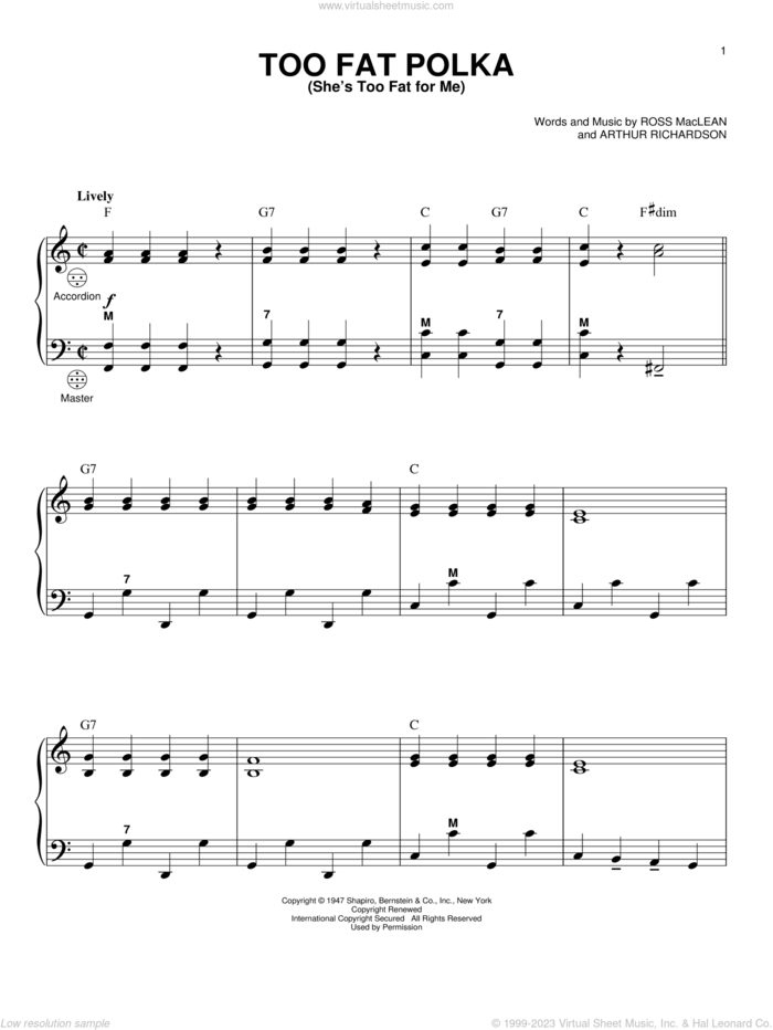 Too Fat Polka (She's Too Fat For Me) sheet music for accordion by Ross MacLean and Arthur Richardson, intermediate skill level