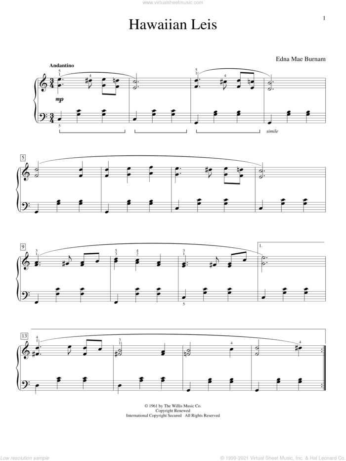 Hawaiian Leis sheet music for piano solo (elementary) by Edna Mae Burnam, beginner piano (elementary)