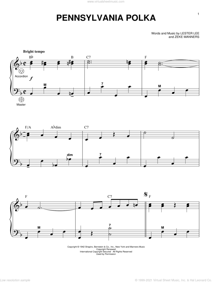 Pennsylvania Polka sheet music for accordion by Lester Lee and Zeke Manners, intermediate skill level
