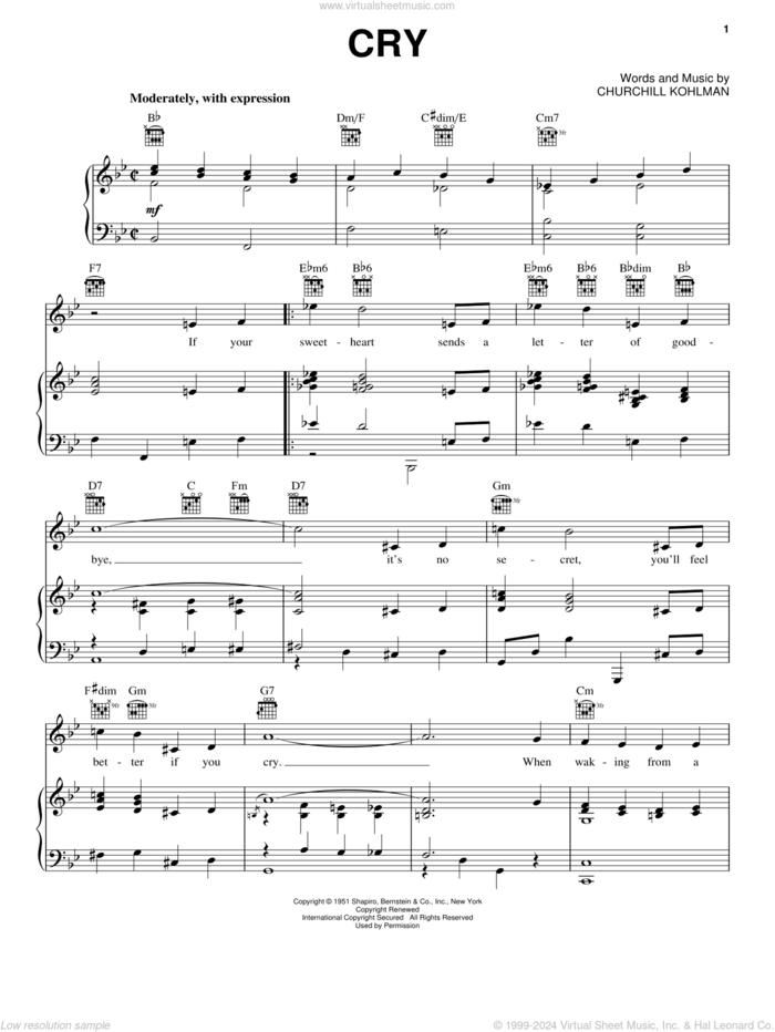 Cry sheet music for voice, piano or guitar by Johnnie Ray, Churchill Kohlman and Crystal Gayle, intermediate skill level