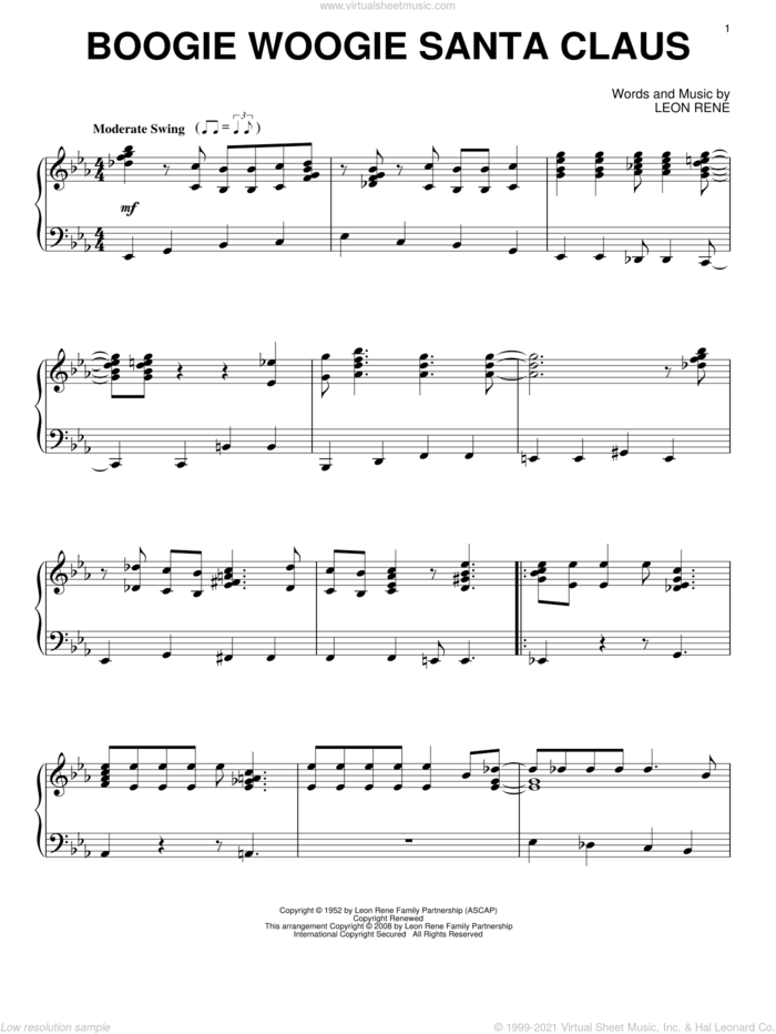 Boogie Woogie Santa Claus sheet music for piano solo by Leon Rene, intermediate skill level