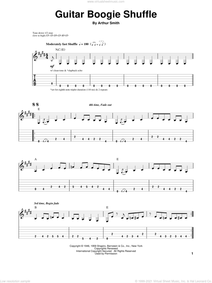 Guitar Boogie Shuffle sheet music for guitar (tablature, play-along) by The Virtues and Arthur Smith, intermediate skill level