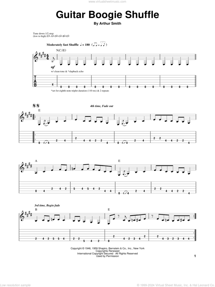 Guitar Boogie Shuffle sheet music for guitar (tablature, play-along) by The Virtues and Arthur Smith, intermediate skill level