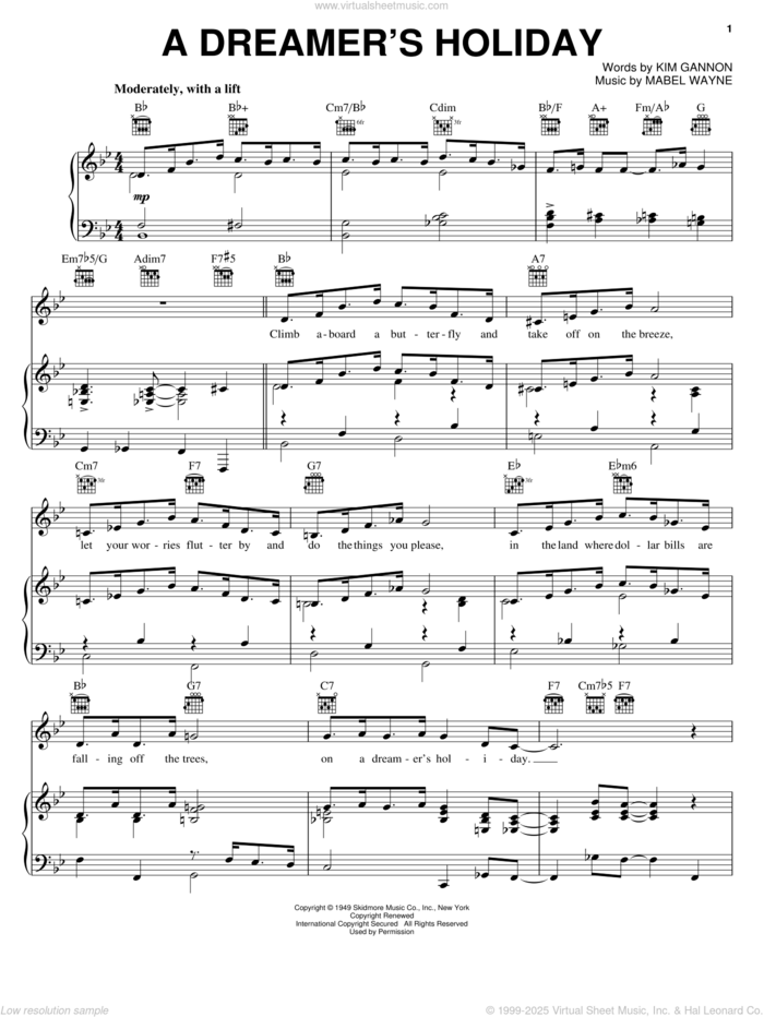 A Dreamer's Holiday sheet music for voice, piano or guitar by Perry Como, Kim Gannon and Mabel Wayne, intermediate skill level