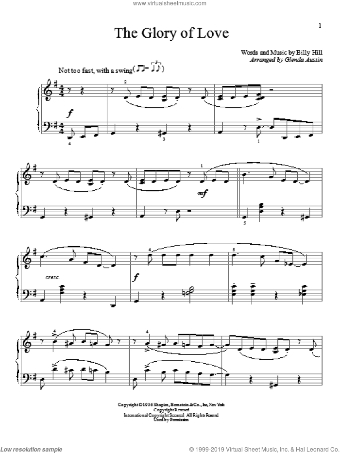 The Glory Of Love sheet music for piano solo (elementary) by Peggy Lee, Billy Hill, Count Basie, Glenda Austin and Jimmy Durante, beginner piano (elementary)