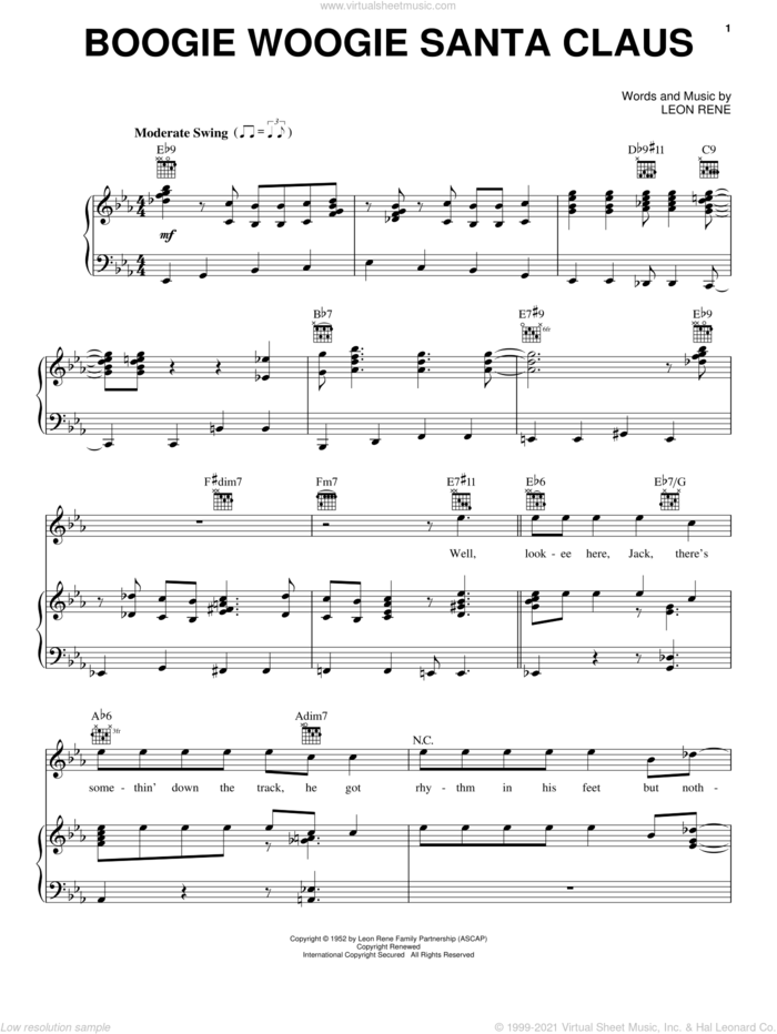 Boogie Woogie Santa Claus sheet music for voice, piano or guitar by Leon Rene, intermediate skill level