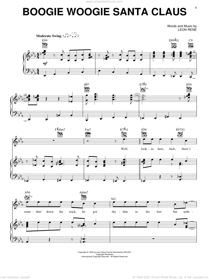 Boogie Woogie Santa Claus sheet music for voice, piano or guitar by Leon Rene, intermediate skill level