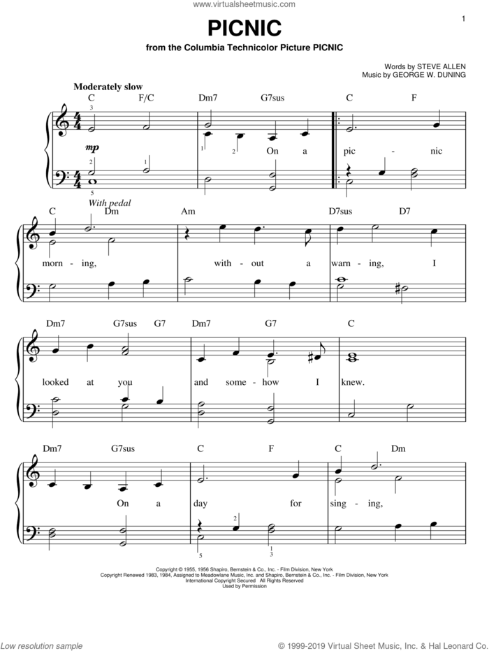 Picnic sheet music for piano solo by Morris Stoloff, George W. Duning and Steve Allen, easy skill level