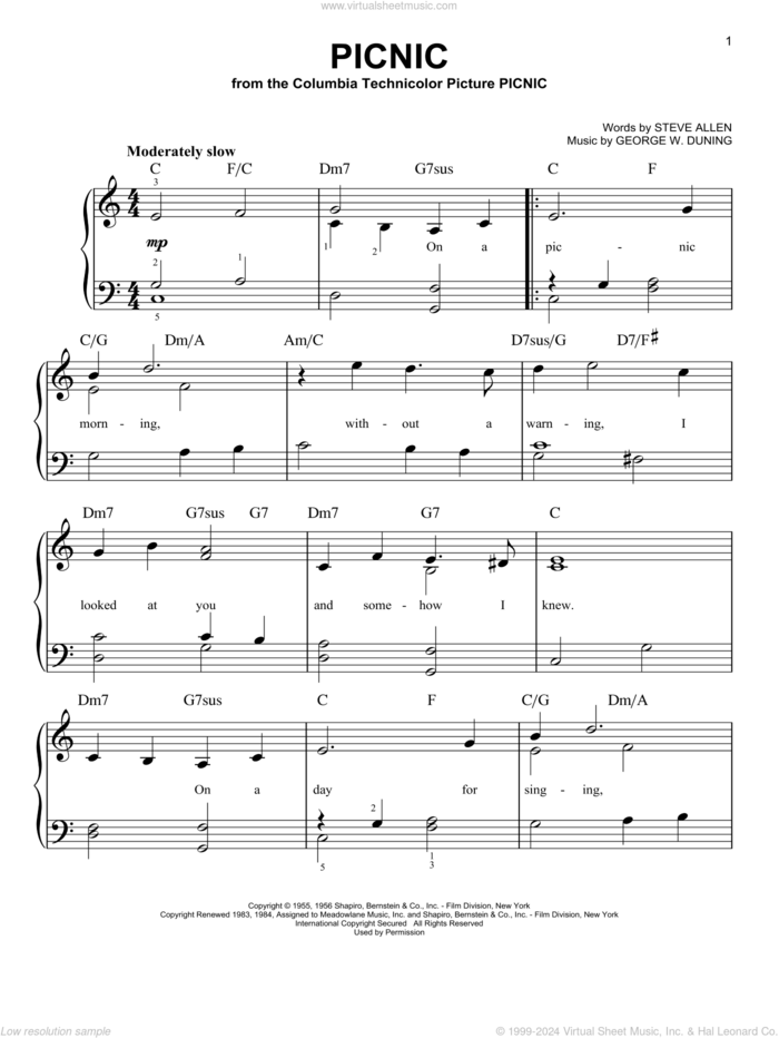 Picnic, (easy) sheet music for piano solo by Morris Stoloff, George W. Duning and Steve Allen, easy skill level