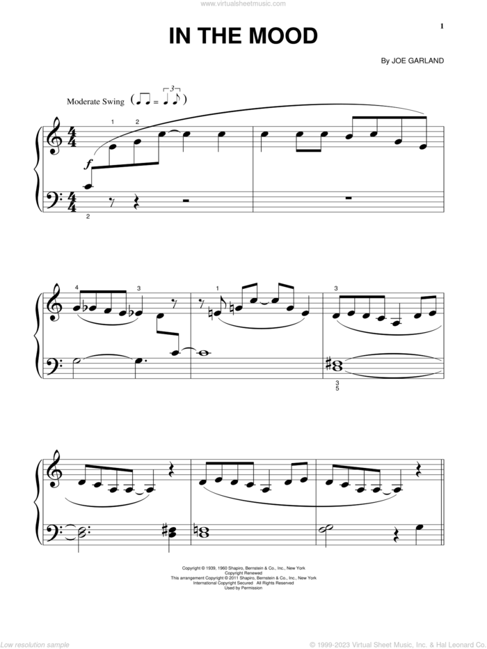 In The Mood, (beginner) sheet music for piano solo by Glenn Miller & His Orchestra and Joe Garland, beginner skill level